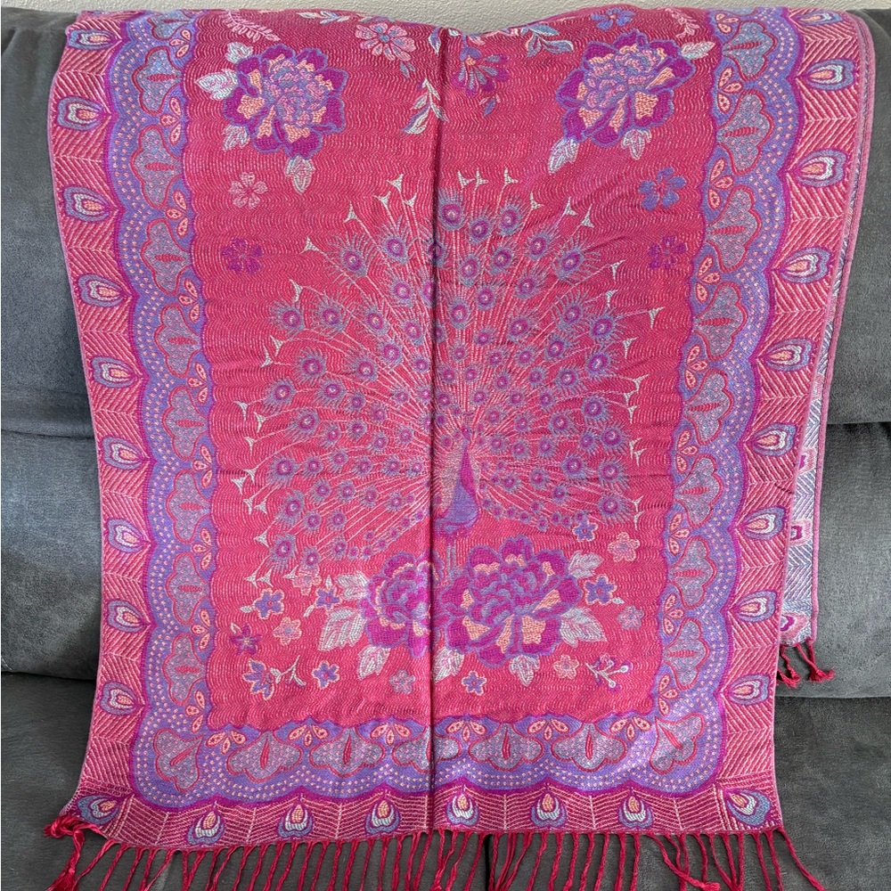 Cashmere 100% Pashmina Peacock Paisley 68" Pink Purple Scarf Shawl Wrap - Picture 7 of 8